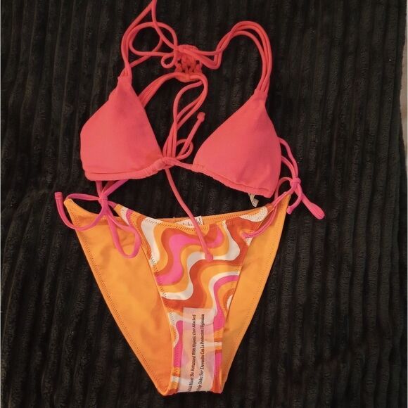 🆕👙Two Piece Bikini Set Orange/Multi Bottom and Pink Top, XS - Picture 1 of 8